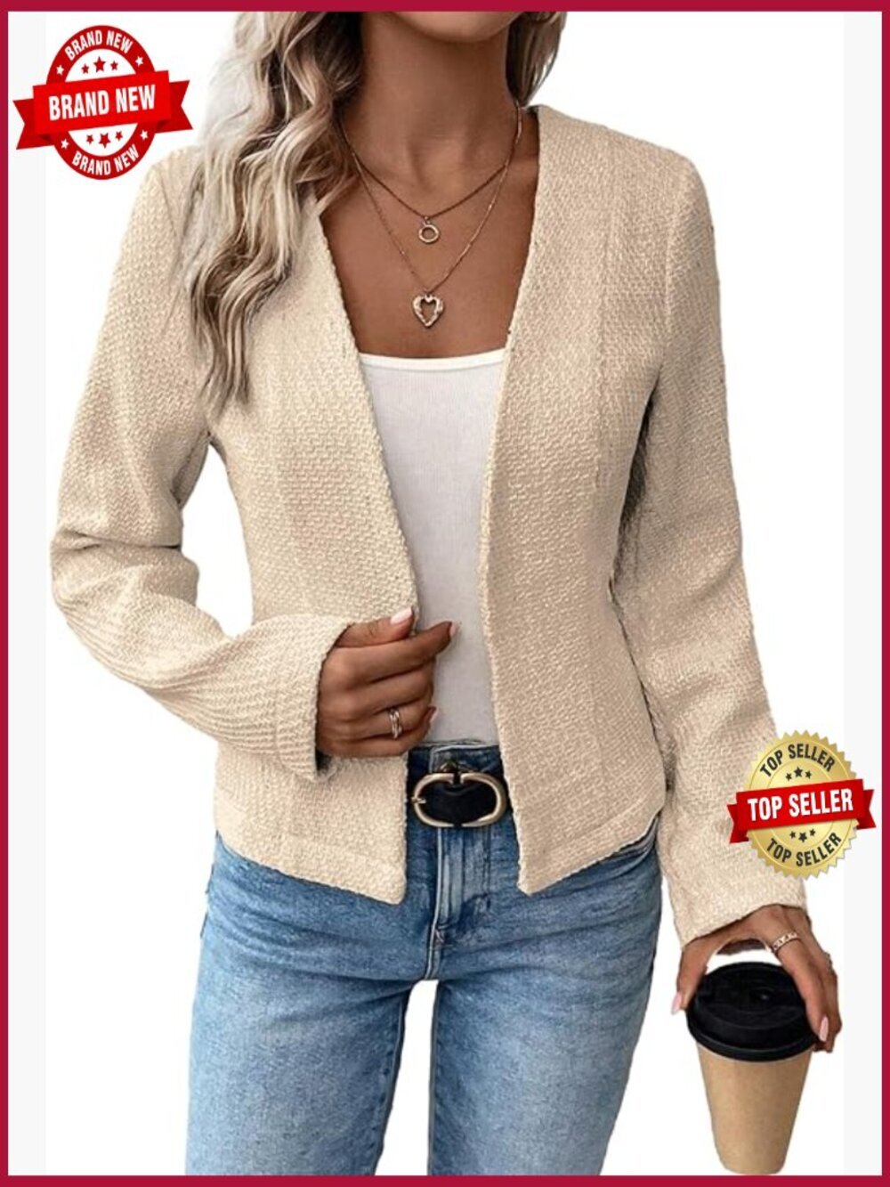 Collarless Tweed Blazer Jacket Fully Lined Slim Fit for Work Casual
